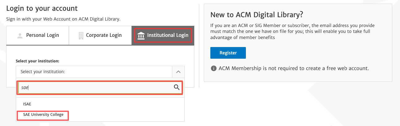 ACM log in screen