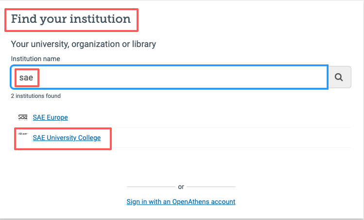 Find your institution screen