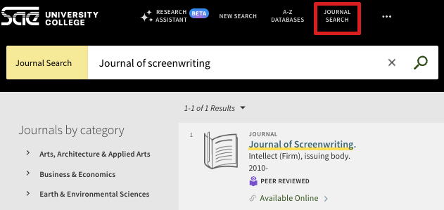 SAE Library Journal Search screen