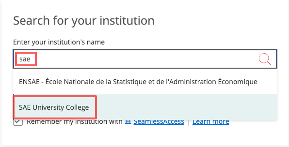 SAGE search for your institution screen