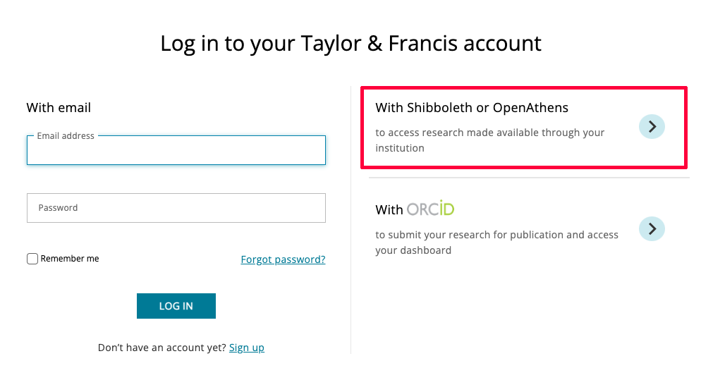 Log in screen for Taylor & Francis