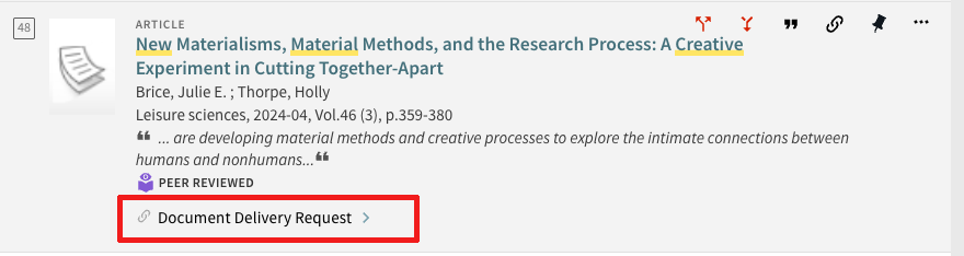 interface showing where to request document delivery from a search