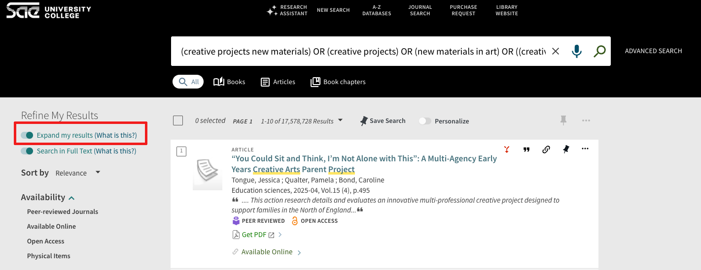 interface showing Expand my results for a search