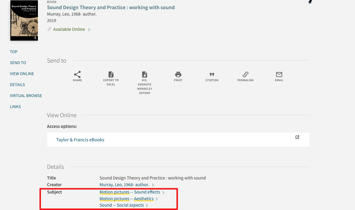 interface showing the subject links at the bottom of a search